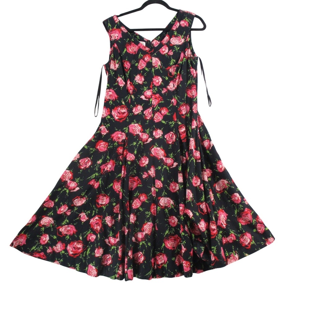 Talbots Womens 12 Black Pink Rose Floral Fit Flare Sleeveless V-Neck Dress
